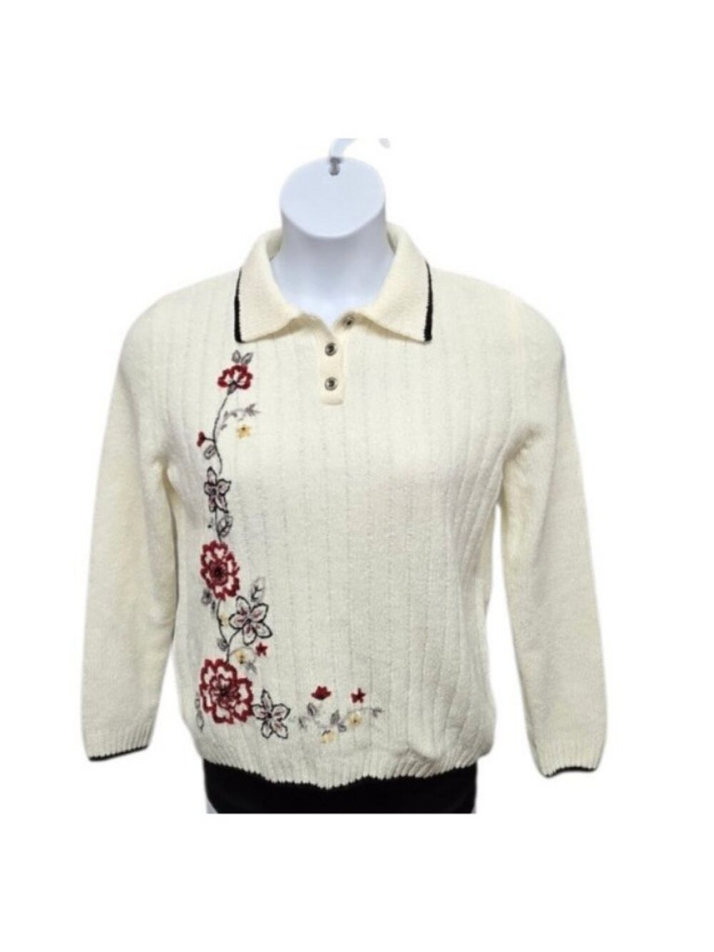 Alfred Dunner Chenille Knit Sweater Size PM Cream Floral Embroidered Granny Chic